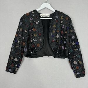 Vintage Black Tie Separates Womens Jacket Large Black Silk Beaded Sequin Artsy
